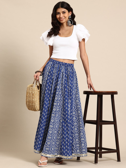 anayna Floral Printed Pure Cotton Flared Maxi Skirt - Image 4
