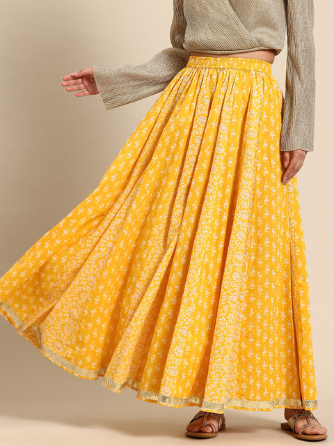 anayna Floral Printed Pure Cotton Flared Maxi Skirt