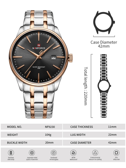 Naviforce Men Brass Dial & Stainless Steel Straps Analogue Watch NF9230 SBRG - Image 6