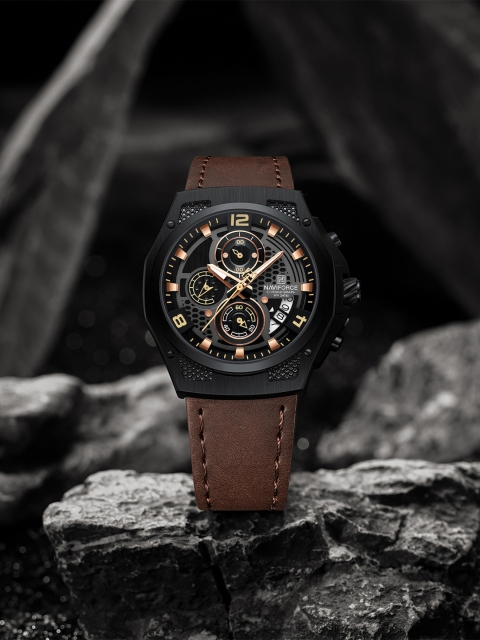 Naviforce Men Brass Dial & Leather Straps Analogue Chronograph Watch NF8051L BYBN - Image 5