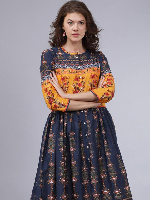 Vishudh Navy Blue Ethnic Motifs Printed Round Neck Pleated Anarkali Kurta