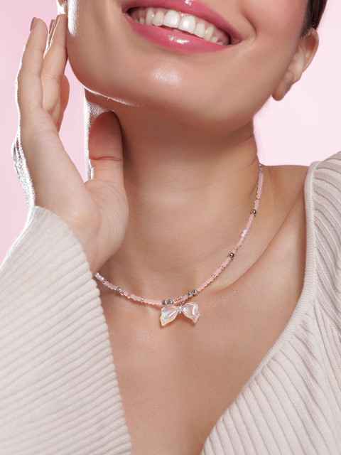 Rubans Rhodium Plated Pink Beaded Necklace with Iridescent Butterfly Bow Pendant