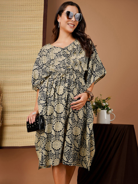 angloindu Women Ethnic Motifs Printed V-Neck Maternity A-Line Dress