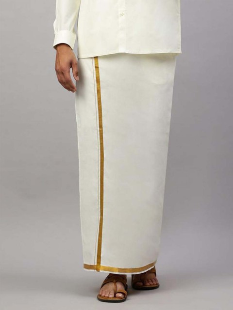 Ramraj Men Cotton Solid Gold Jari Border Single Layer Dhoti