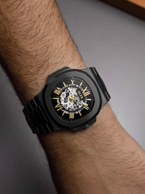 ALIX Men Brass Skeleton Dial & Stainless Steel Bracelet Style Straps Analogue Automatic Motion Powered Watch - Image 3