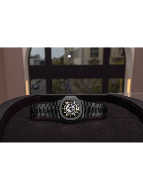 ALIX Men Brass Skeleton Dial & Stainless Steel Bracelet Style Straps Analogue Automatic Motion Powered Watch - Image 6
