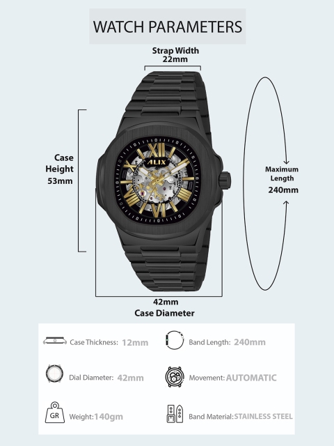ALIX Men Brass Skeleton Dial & Stainless Steel Bracelet Style Straps Analogue Automatic Motion Powered Watch - Image 5