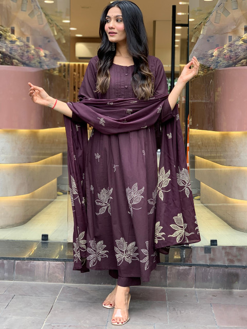 GoSriKi Floral Printed Round Neck Anarkali Kurta With Trousers & Dupatta