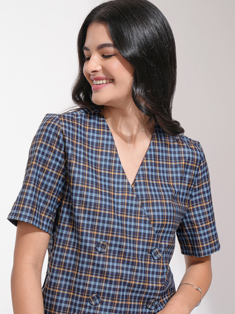 Tokyo Talkies Blue Checked Crop Double-Breasted Blazers