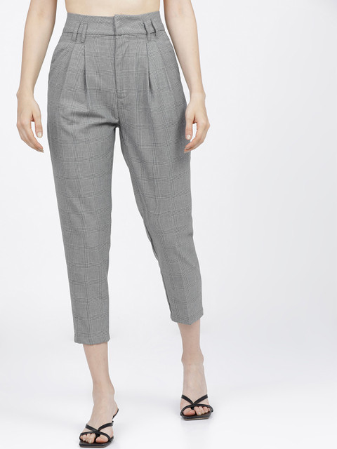 Tokyo Talkies Women Checked High-Rise Pleated Trousers