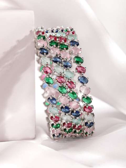 Rubans Set of 4 Rhodium-Plated Multicolor Gemstone Studded Traditional Bangles - Image 3