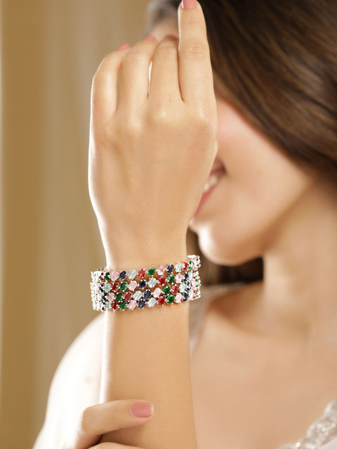 Rubans Set of 4 Rhodium-Plated Multicolor Gemstone Studded Traditional Bangles - Image 2