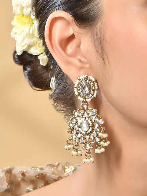 Fida Gold-Plated Kundan Floral Pearls Beaded Drop Earrings
