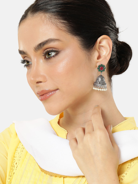 AITIHYA Floral Ethnic Stones Oxidised Dome Shaped Jhumkas Earrings