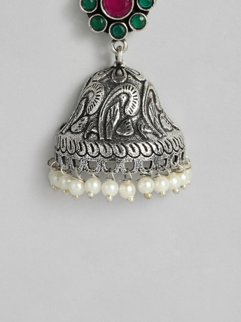 AITIHYA Floral Ethnic Stones Oxidised Dome Shaped Jhumkas Earrings - Image 3