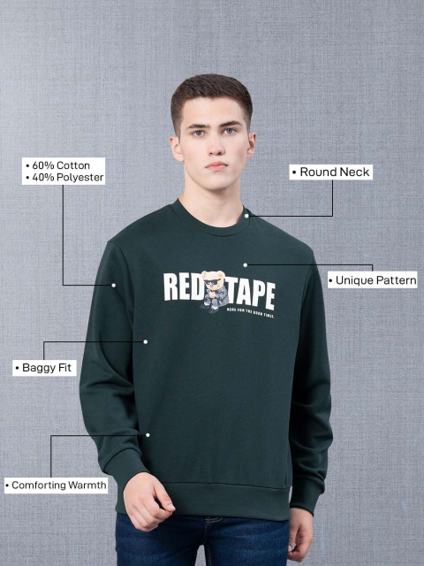 Red Tape Men Green Graphic Print Fleece Round Neck Baggy Fit Sweatshirt - Image 3