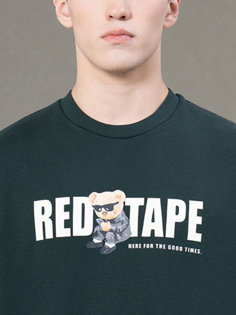 Red Tape Men Green Graphic Print Fleece Round Neck Baggy Fit Sweatshirt - Image 2