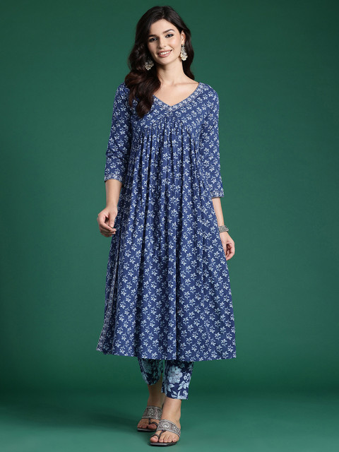 Indo Era Floral Printed Empire Pure Cotton Kurta with Trousers - Image 2