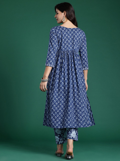 Indo Era Floral Printed Empire Pure Cotton Kurta with Trousers - Image 6