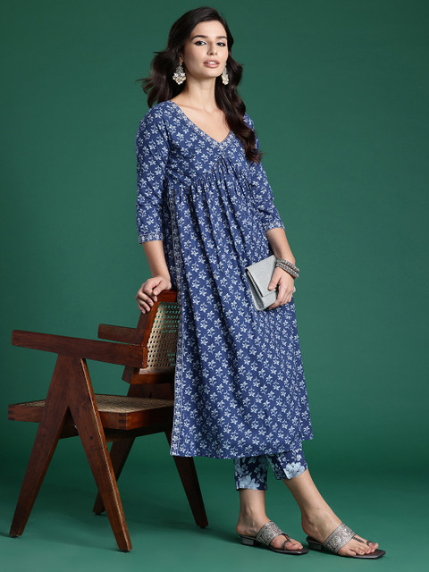 Indo Era Floral Printed Empire Pure Cotton Kurta with Trousers - Image 7