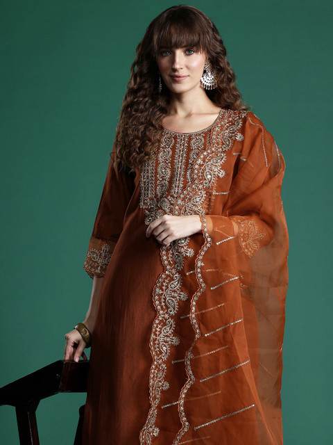 Indo Era Ethnic Motifs Embroidered Sequinned Liva Kurta With Trousers & Dupatta