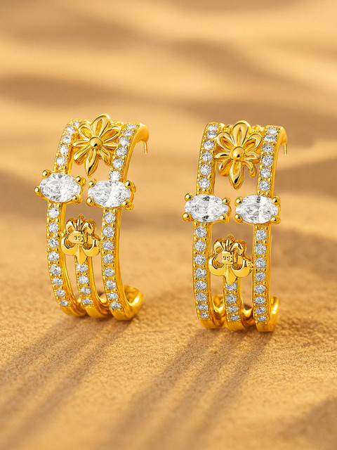 Rubans 22K Gold Plated Cubic Zirconia Studded Floral Half Hoop Earrings