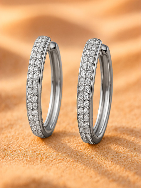 Rubans Rhodium Plated Sparkling Cubic Zirconia Demi-Fine Studded Hoop Earrings