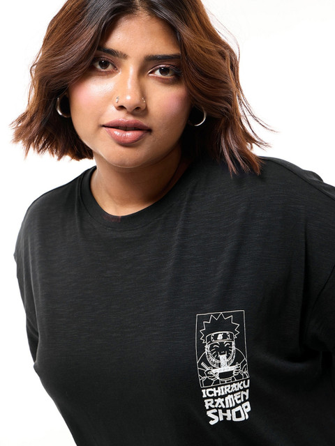 Bewakoof Air 1.0 Women Black Ichiraku Ramen Shop Graphic Printed Oversized Plus Size T-shirt - Image 3
