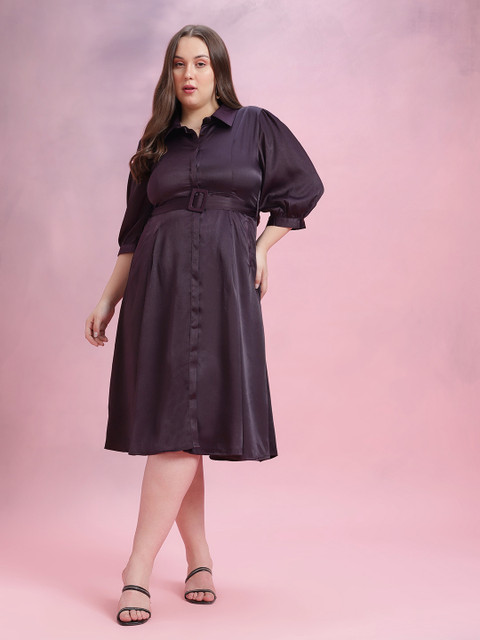 DressBerry Curve Plus Size Satin Finish Smocked Puff Sleeve Shirt-Style Dress
