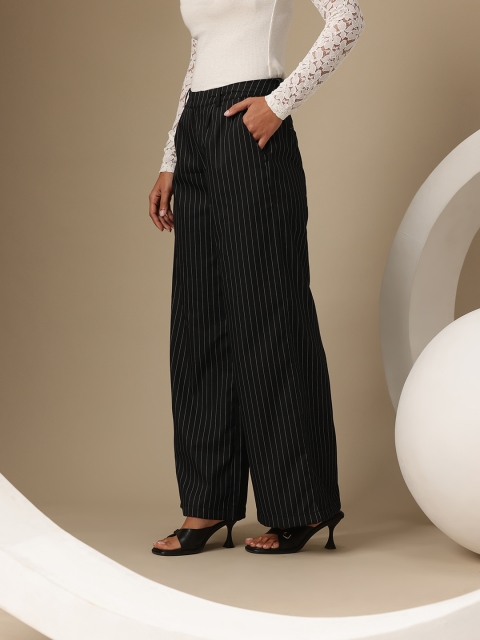 Chemistry Women Vertically Striped Flared Fit Pure Cotton Pleated Detail Parallel Trousers