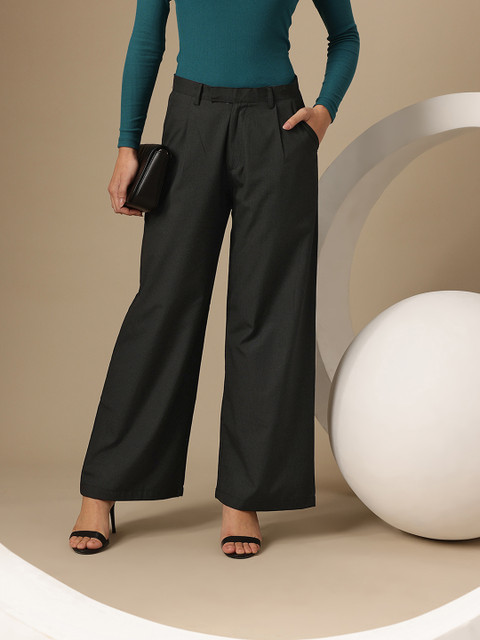 Chemistry Women Striped Mid-Rise Flared Fit Pure Cotton Pleated Detail Parallel Trousers