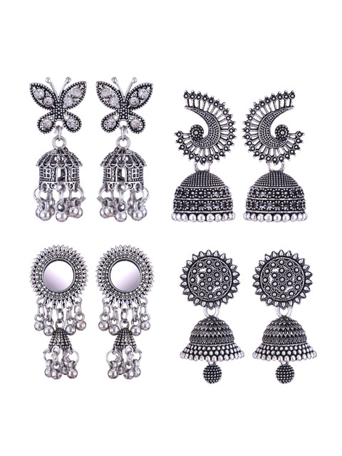 DIVASTRI Set Of 4 Silver-Plated Oxidised Dome Shaped Jhumkas