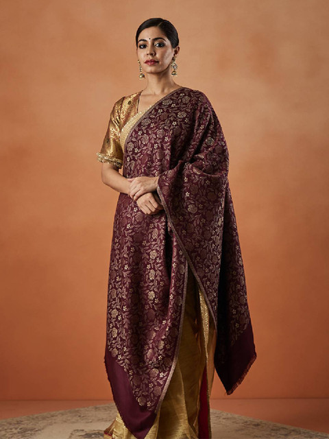 Pashmoda Floral Woven Design Fringed Shawl