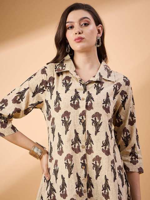 TANISHA Floral Printed Pure Cotton Shirt Collar Top With Trousers