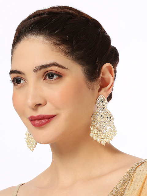 Anouk Floral Shaped Kundan & Pearl Studded Drop Earrings