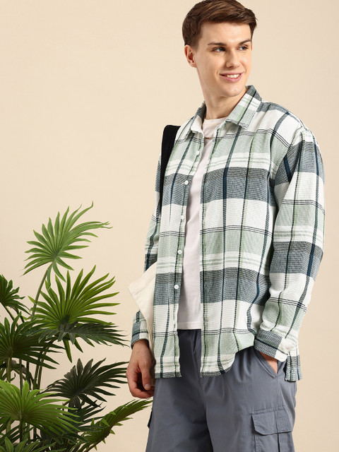 Mast & Harbour Relaxed Fit Self Checked Drop-Shoulder Sleeves Casual Shirt