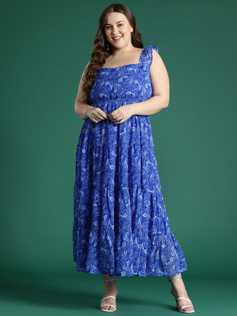 DressBerry Curve Plus Size Floral Print Flutter Sleeves Georgette Fit & Flare Midi Dress