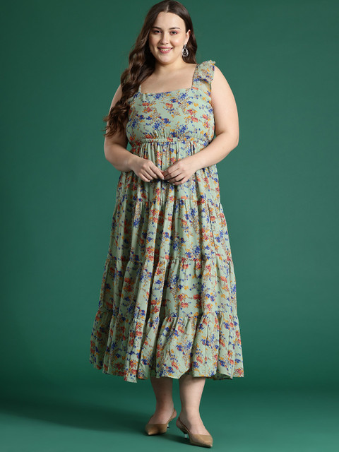 DressBerry Curve Plus Size Floral Print Flutter Sleeves Georgette Fit & Flare Midi Dress