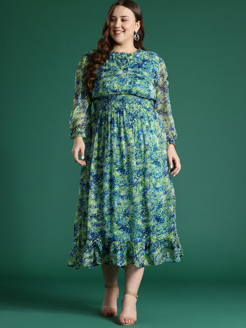DressBerry Curve Plus Size Print Puff Sleeve Georgette Fit & Flare Midi Dress