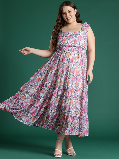 DressBerry Curve Plus Size Floral Print Flutter Sleeves Georgette Fit & Flare Midi Dress