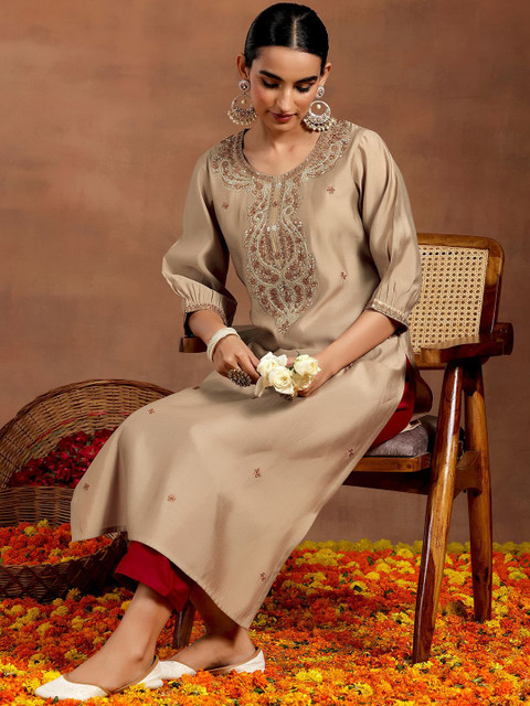 Gerua By Libas Biege Floral Embroidered Round Neck Sequinned Straight Kurta