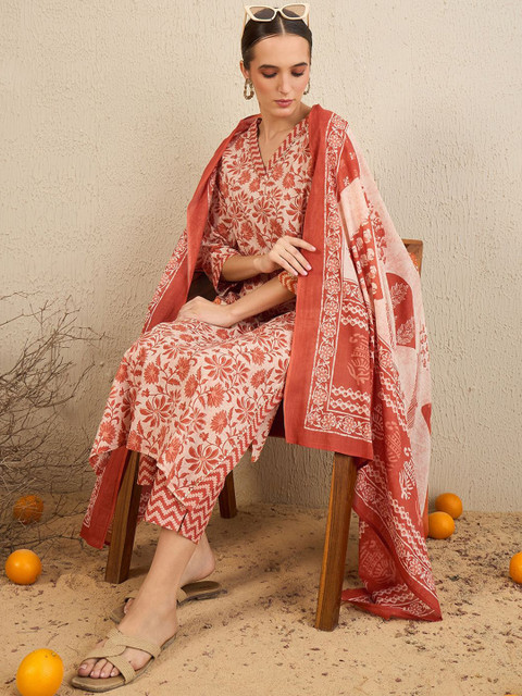 Indo Era Floral Printed Gotta Patti Pure Cotton Straight Kurta With Trousers & Dupatta