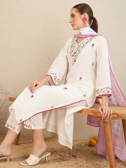 Indo Era Floral Embroidered Thread Work Pure Cotton Straight Kurta With Trousers & Dupatta
