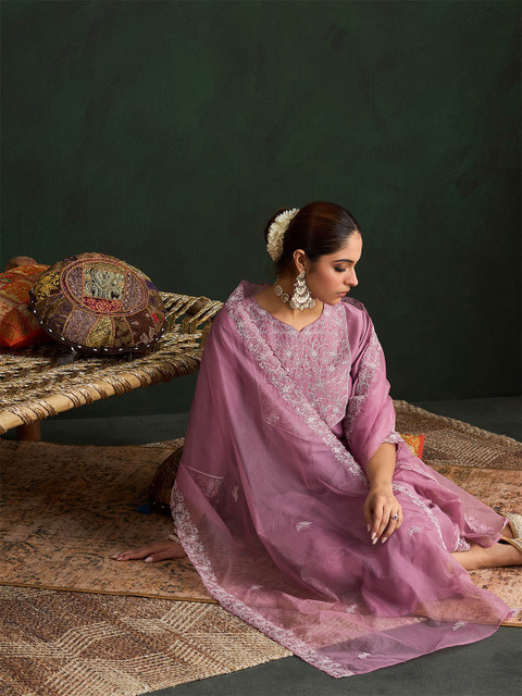 Indo Era Women Floral Yoke Design Regular Thread Work Kurta with Trousers & With Dupatta