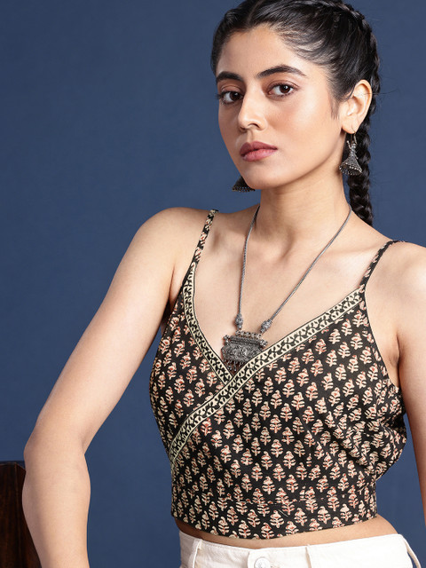 Taavi Bagru Ethnic Motifs Cropped Pure Cotton Top