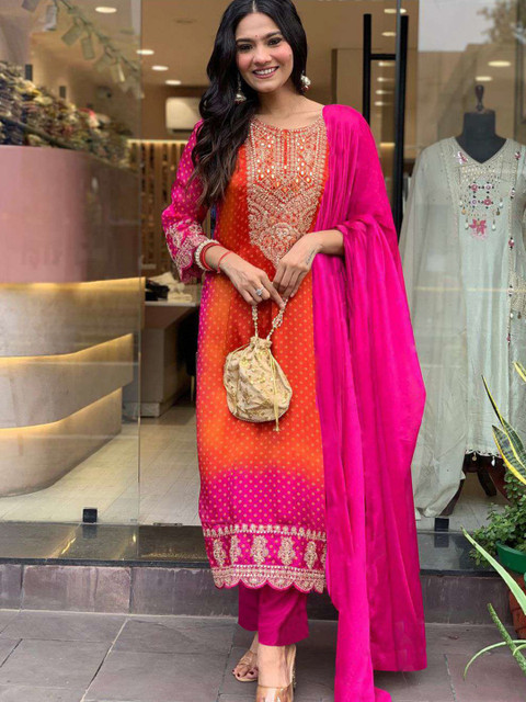 GoSriKi Bandhani Printed Sequinned Embroidery Work Kurta with Trousers & Dupatta - Image 5