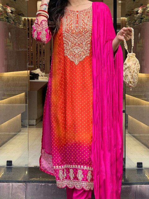 GoSriKi Bandhani Printed Sequinned Embroidery Work Kurta with Trousers & Dupatta - Image 2