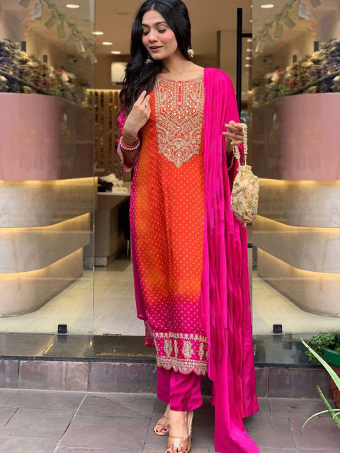 GoSriKi Bandhani Printed Sequinned Embroidery Work Kurta with Trousers & Dupatta - Image 4