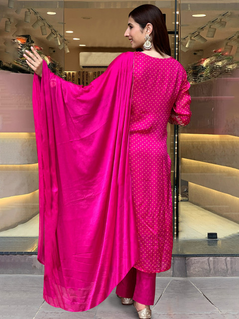 GoSriKi Bandhani Printed Sequinned Embroidery Work Kurta with Trousers & Dupatta - Image 3