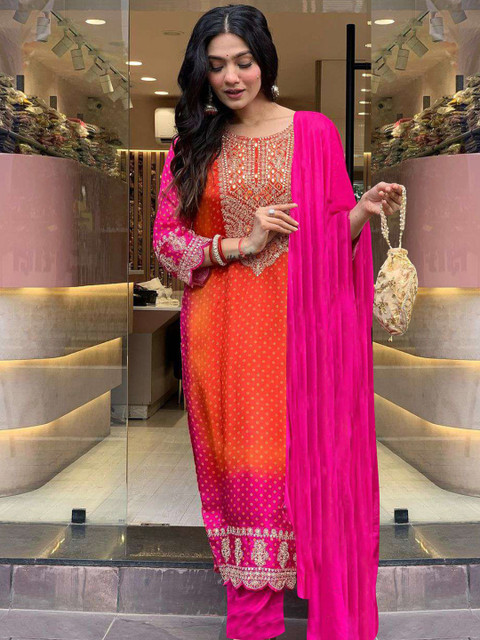 GoSriKi Bandhani Printed Sequinned Embroidery Work Kurta with Trousers & Dupatta - Image 7